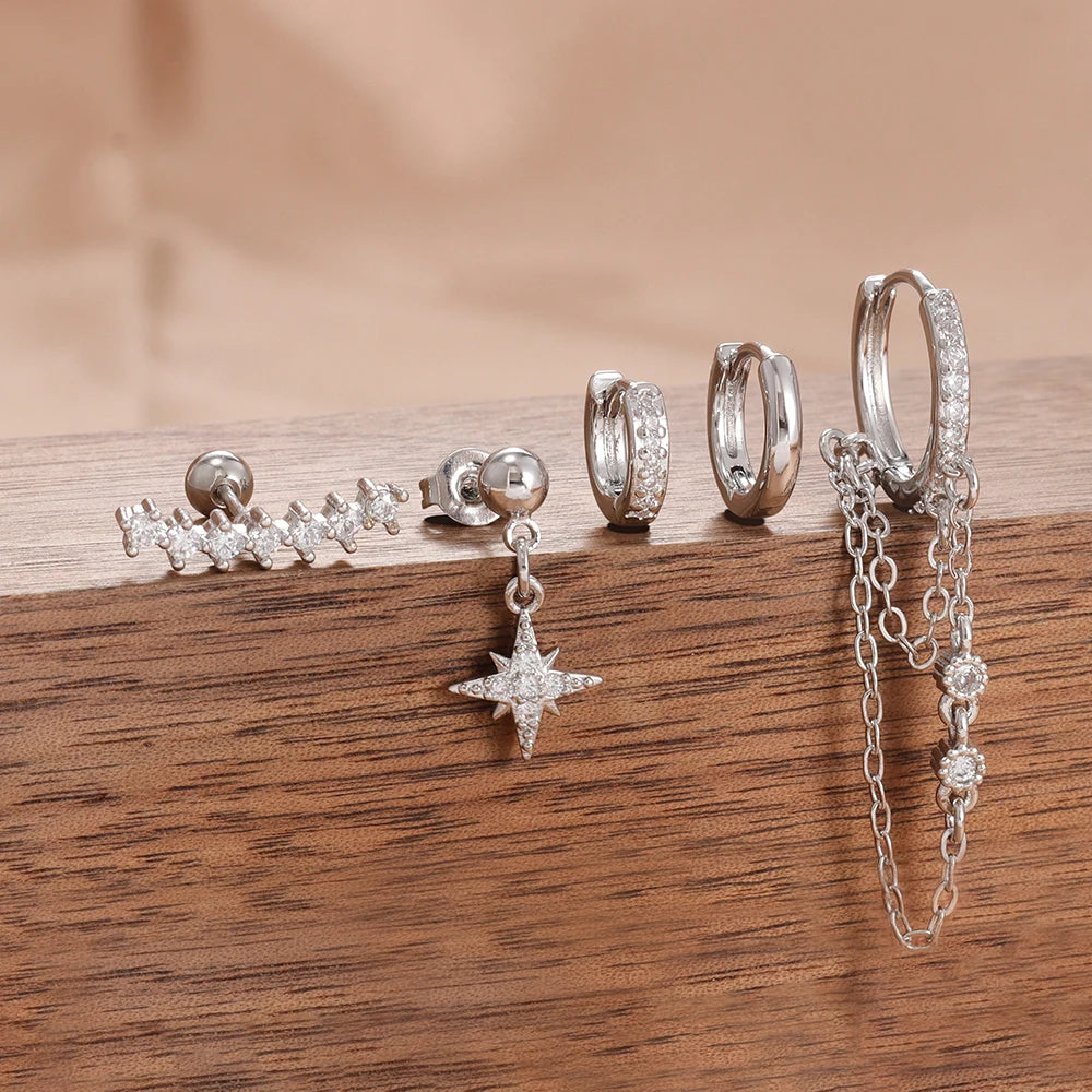 5PCS Crystal Zirconia Stainless Steel Hoop Earrings Star Chain