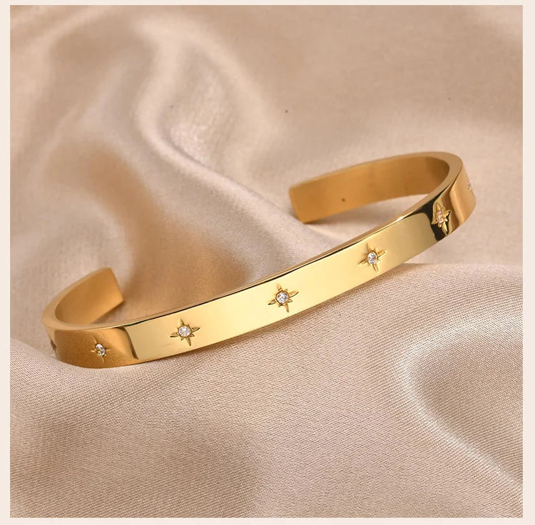 Open Adjustable Star Starburst Cuff Bangle Bracelet for Women Stainless Steel Cubic Zirconia Inlay Charm Layered Jewelry