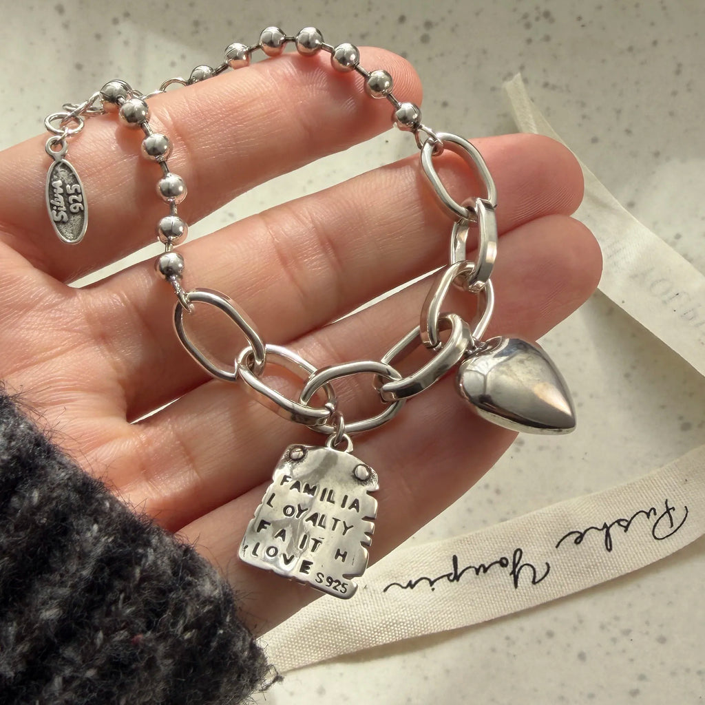 100% Solid 925 Sterling Silver Metal Bracelet for Women Men Vintage Heart Letters Handmade Simple Birthday Gift