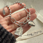 100% Solid 925 Sterling Silver Metal Bracelet for Women Men Vintage Heart Letters Handmade Simple Birthday Gift