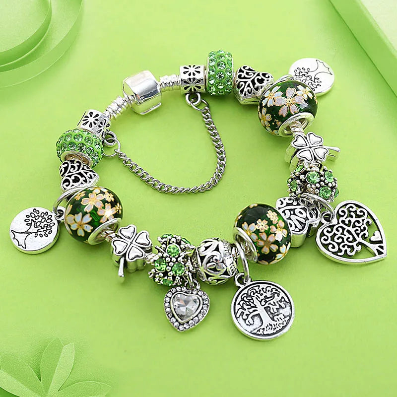 Tibetan Silver Tree of Life Charm Bracelet Green Crystal Flower Bead DIY