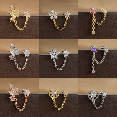 New Double Ear Studs Tassel Chain Hanging Earrings Flower Butterfly