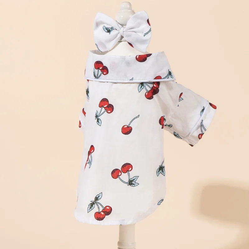 Cherry Print Cat Dog Pajamas Set Soft Warm Sleepsuit with Flower Headband