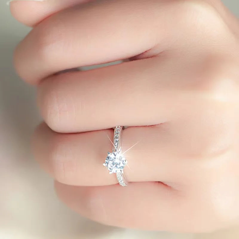 925 Sterling Silver Luxury Classic Six Claw Ring Simple Imitation Diamond Engagement Wedding Gift