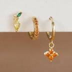3PCS Stainless Steel Orange Zirconia Flower Pendant Hanging Earrings Set