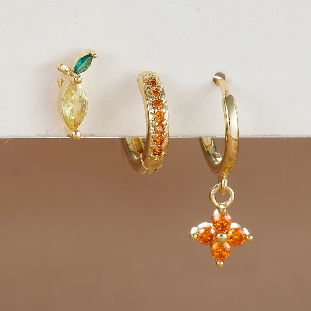 3PCS Stainless Steel Orange Zirconia Flower Pendant Hanging Earrings Set