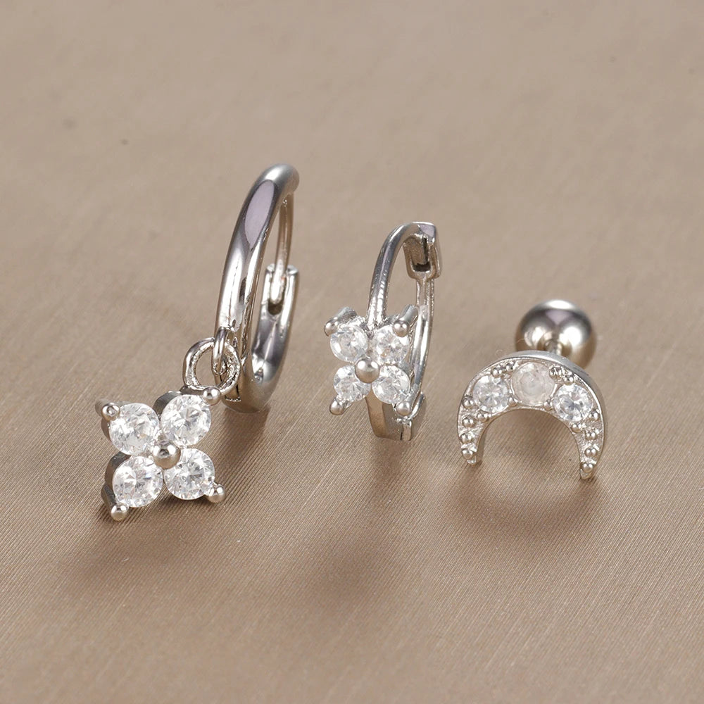 3PCS Vintage Design Four Flower Zircon Hoop Earrings Set Steel