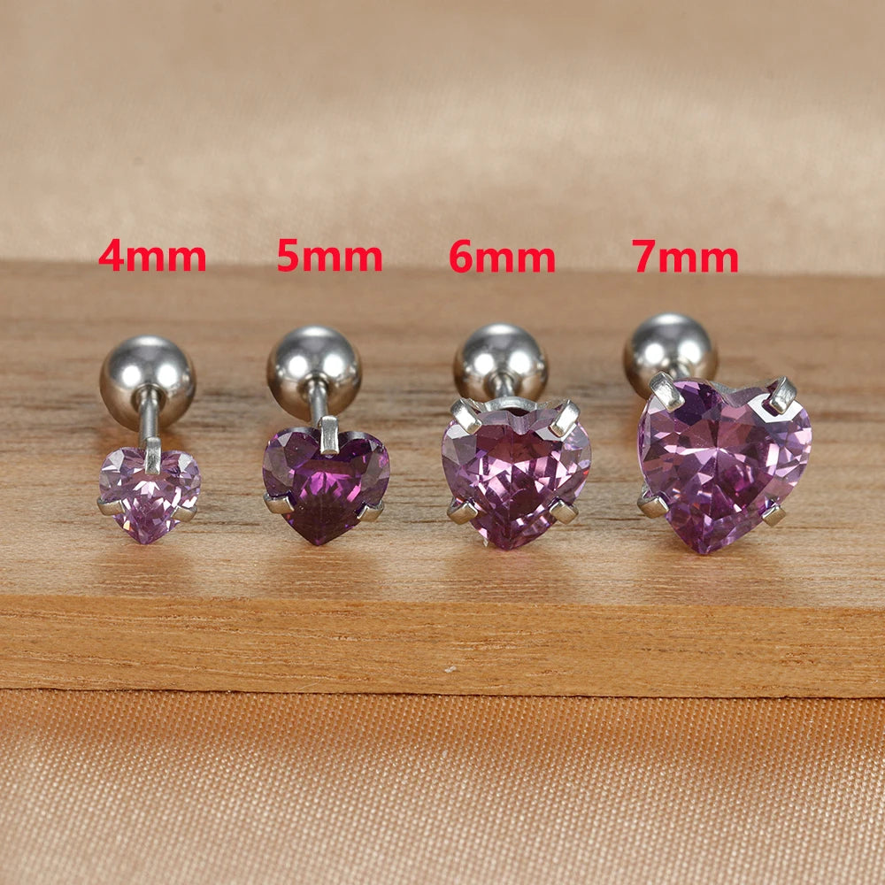 1PC Heart Stainless Steel Ear Studs Purple Crystal Stud 3-8mm