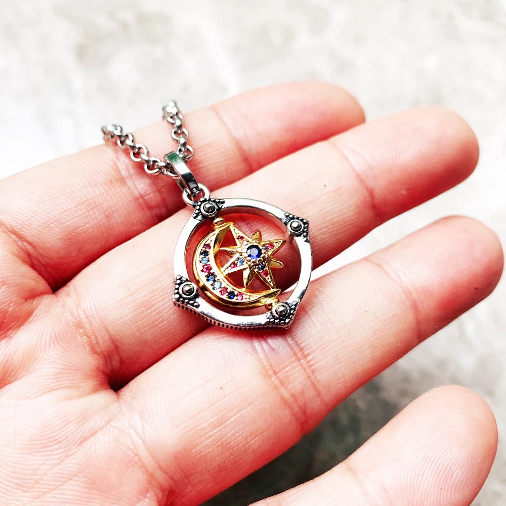 Star & Moon Golden Pendant Necklace 925 Sterling Silver Lucky Jewellery Gift