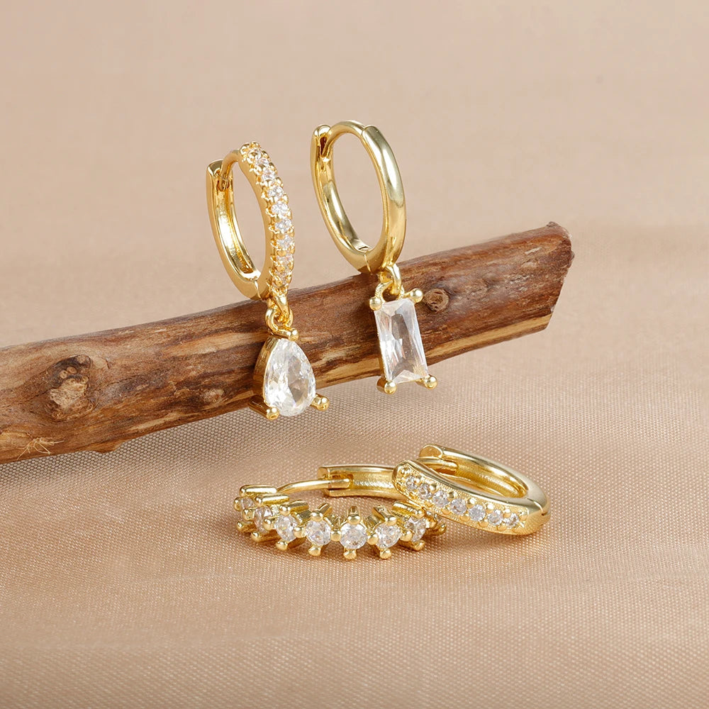 4pcs Korean Stainless Steel Zircon Water Drop Piercing Earrings Set