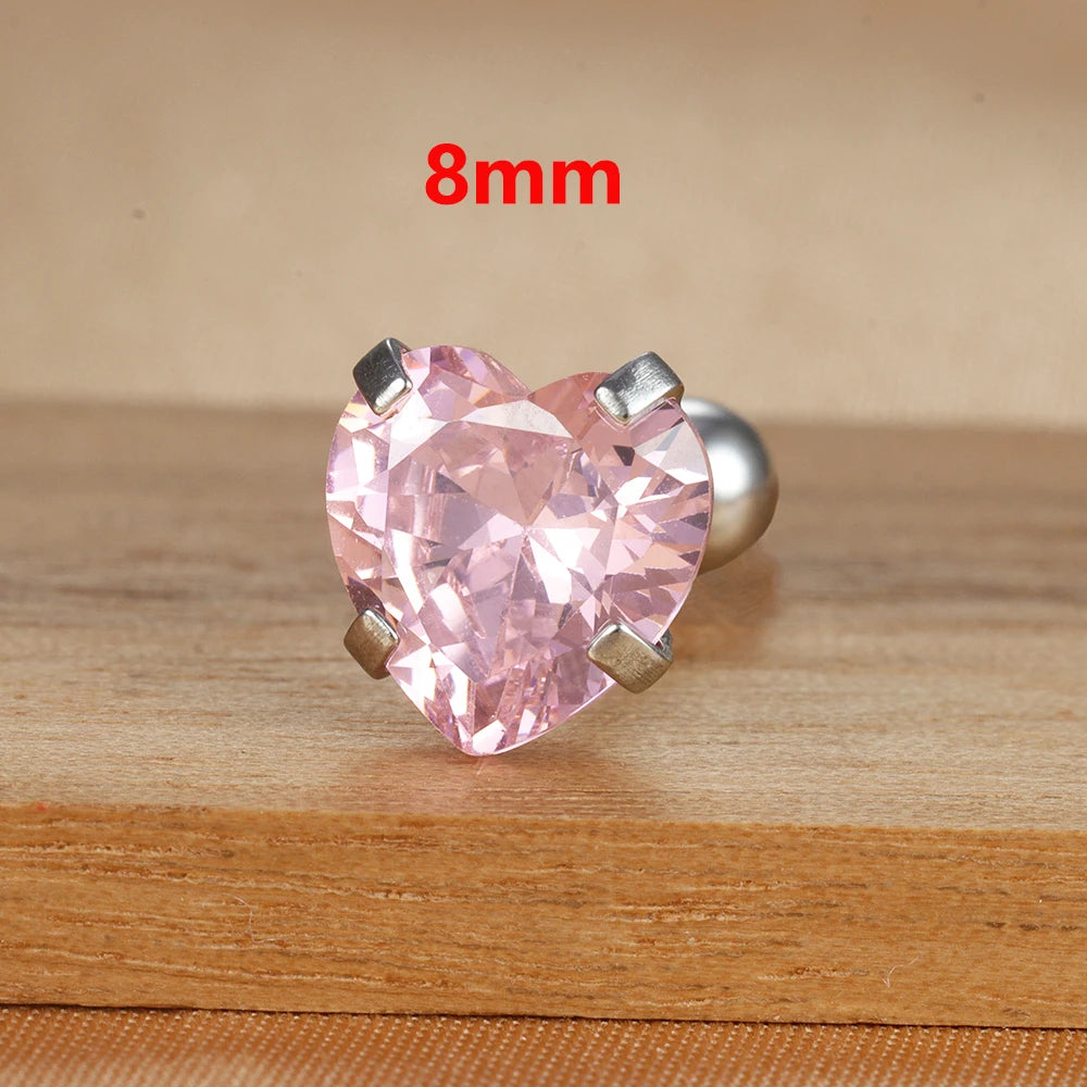 1PC Simple Pink Cubic Zirconia Heart Small Stud Earrings Steel