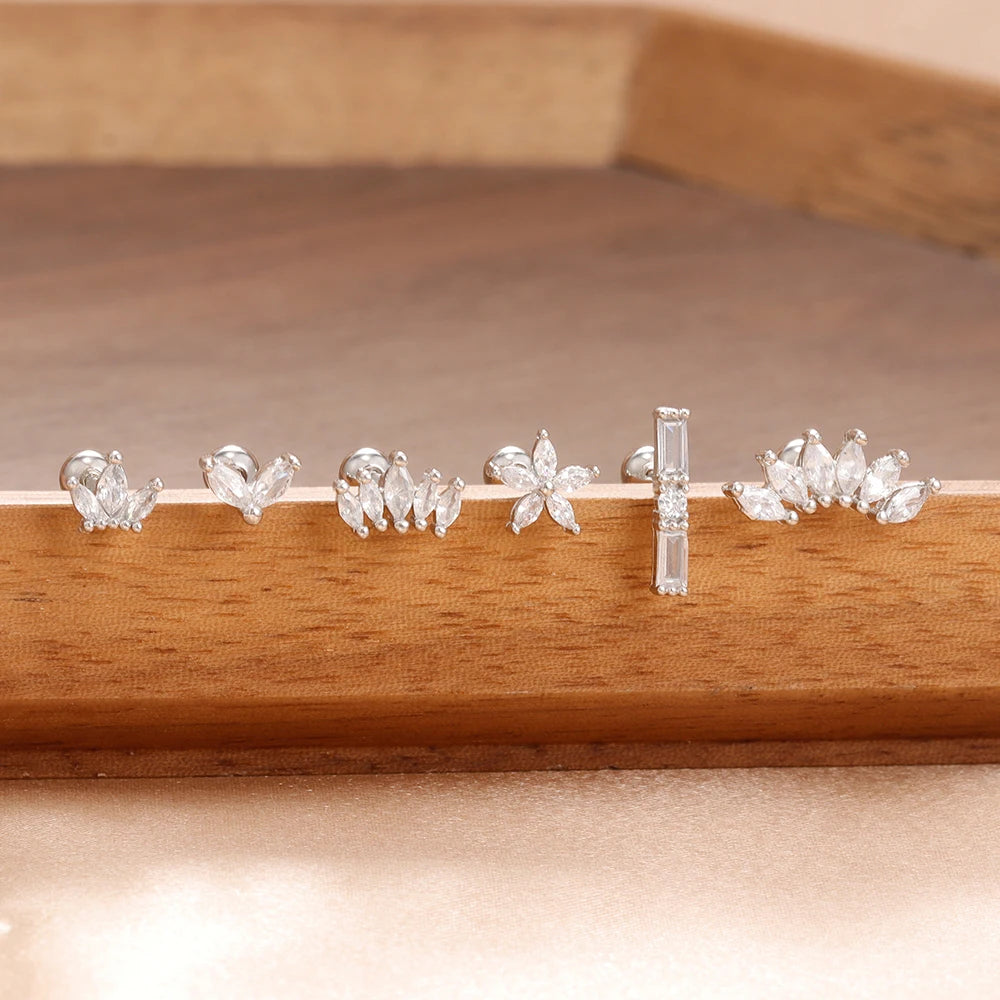 6 Pieces Flower Crown Stainless Steel Zircon Small Stud Earrings