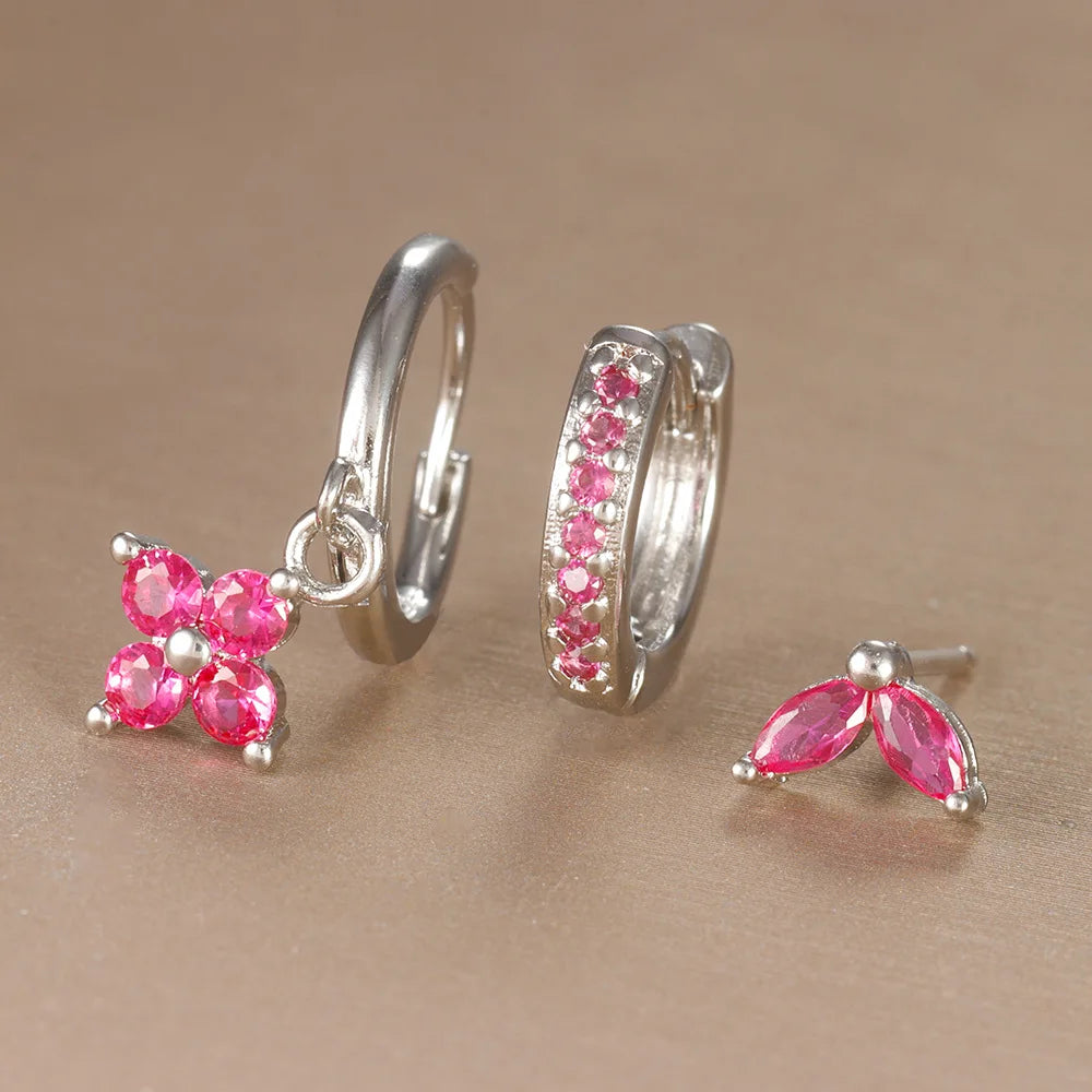 3PCS Trendy Stainless Steel Flower Drop Earring Set Zirconia Dangle