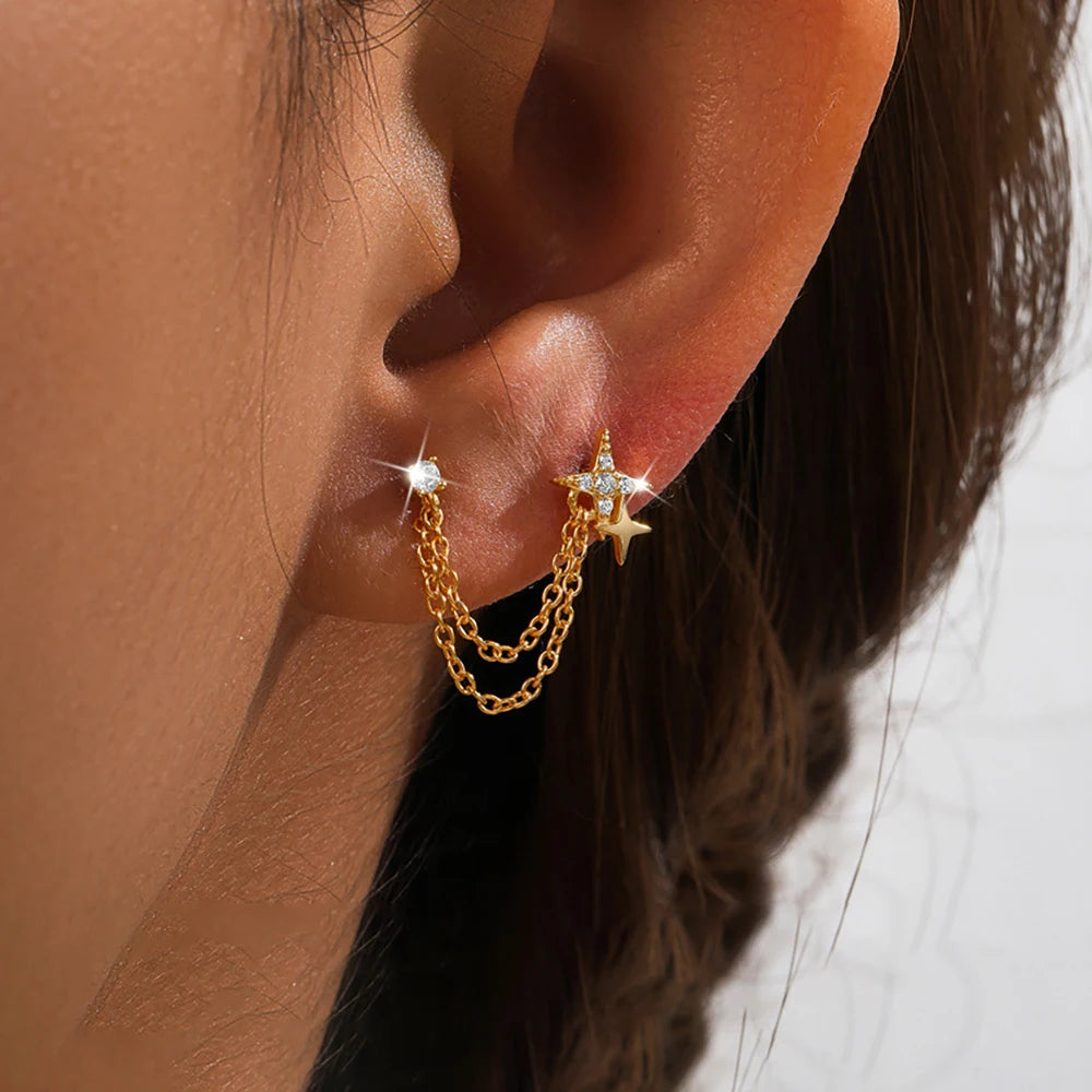1Piece Stainless Steel Chain Tassel Star Earrings Double Piercing