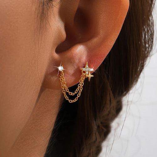 1Piece Stainless Steel Chain Tassel Star Earrings Double Piercing