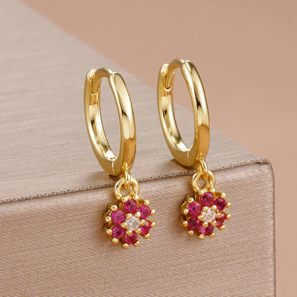 Exquisite Colourful Crystal Flower Hoop Earrings Stainless Steel