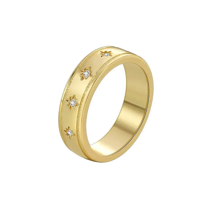 925 Sterling Silver Star Chunky Ring Vintage Trendy Gold Colour Zirconia Punk Accessory