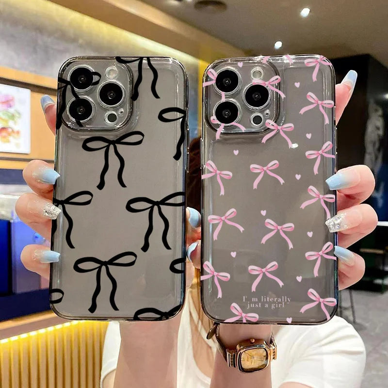 Cute Pink Bow Clear Case for iPhone 16 15 14 13 12 11 Pro Max XR XS 7 8 Plus