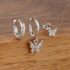 3PCS Elegant Butterfly CZ Charms Dangle Earrings Stainless Steel