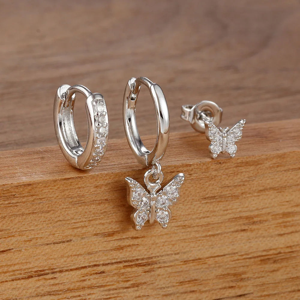 3PCS Elegant Butterfly CZ Charms Dangle Earrings Stainless Steel
