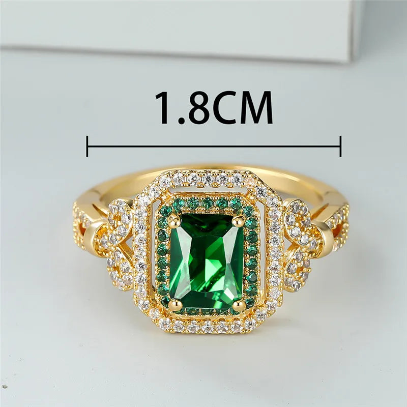 Classic Gold Color Wedding Ring Female Luxury Crystal Engagement Ring Green Zircon Square Stone Rings For Women Minimalist Bands
