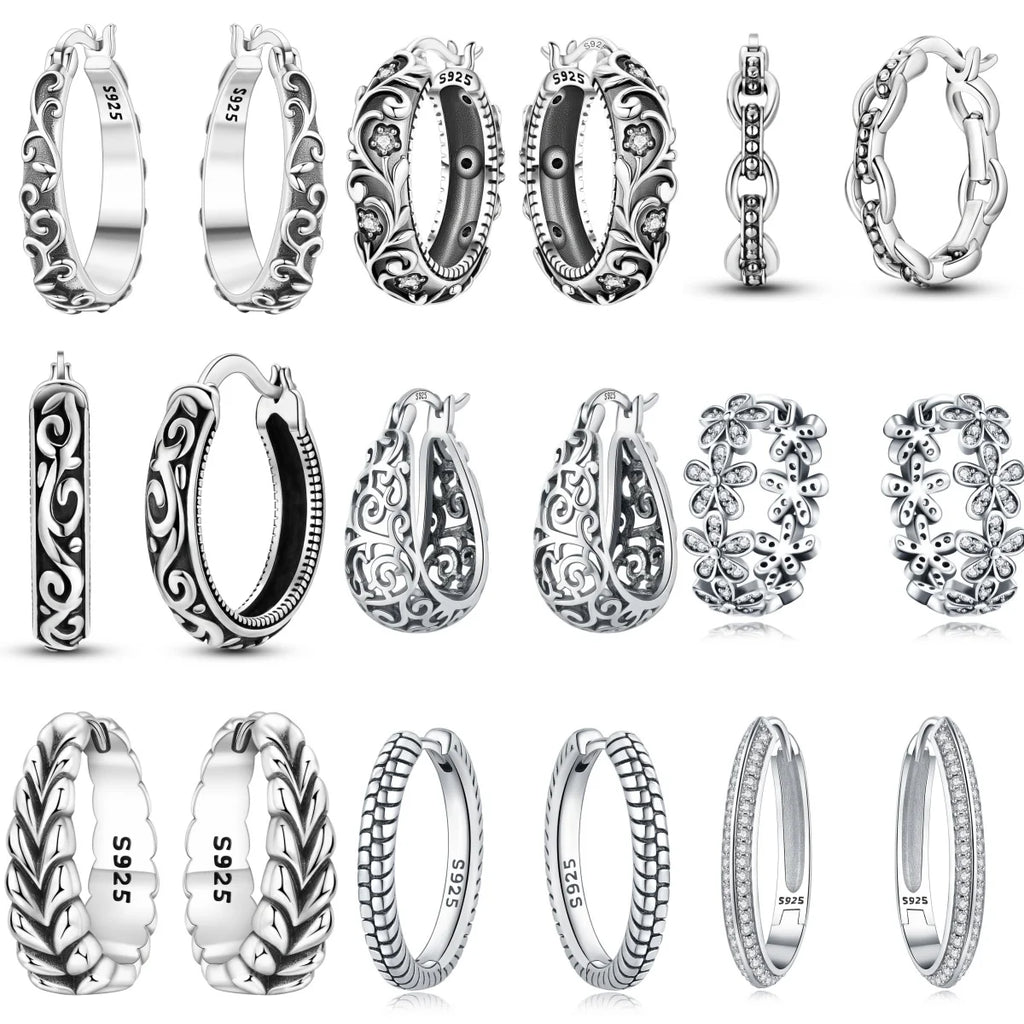 925 Sterling Silver Retro Grass Pattern Versatile Hoop Earrings Birthday Gift