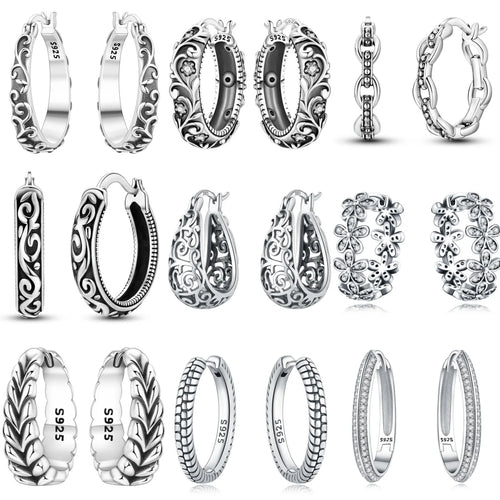 925 Sterling Silver Retro Grass Pattern Versatile Hoop Earrings Birthday Gift