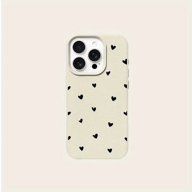 Black Love Heart Lychee Case for iPhone 17 16 15 14 13 12 Pro Max