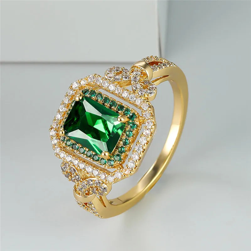 Classic Gold Color Wedding Ring Female Luxury Crystal Engagement Ring Green Zircon Square Stone Rings For Women Minimalist Bands