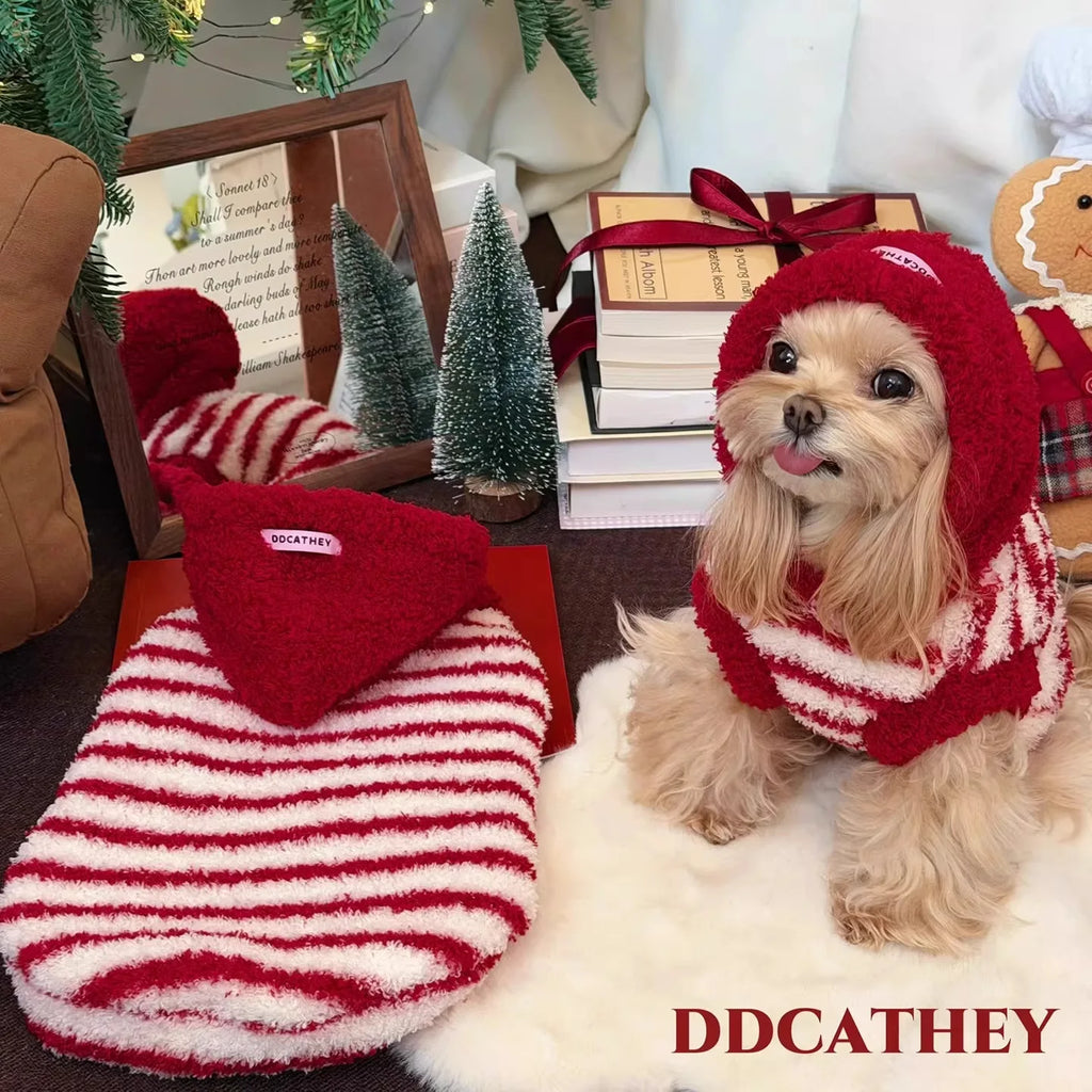 Red Stripe Hooded Dog Cat Vest, Warm Plush Fleece Jacket for Small Medium Pets, Winter Coat with Cute Animal Costume Hood