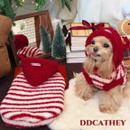Red Stripe Hooded Dog Cat Vest, Warm Plush Fleece Jacket for Small Medium Pets, Winter Coat with Cute Animal Costume Hood