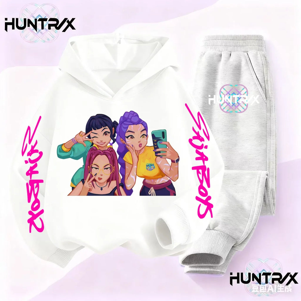 Kids Kpop Demon Hunter Cartoon Print Hoodie and Athletic Pants Sports Set