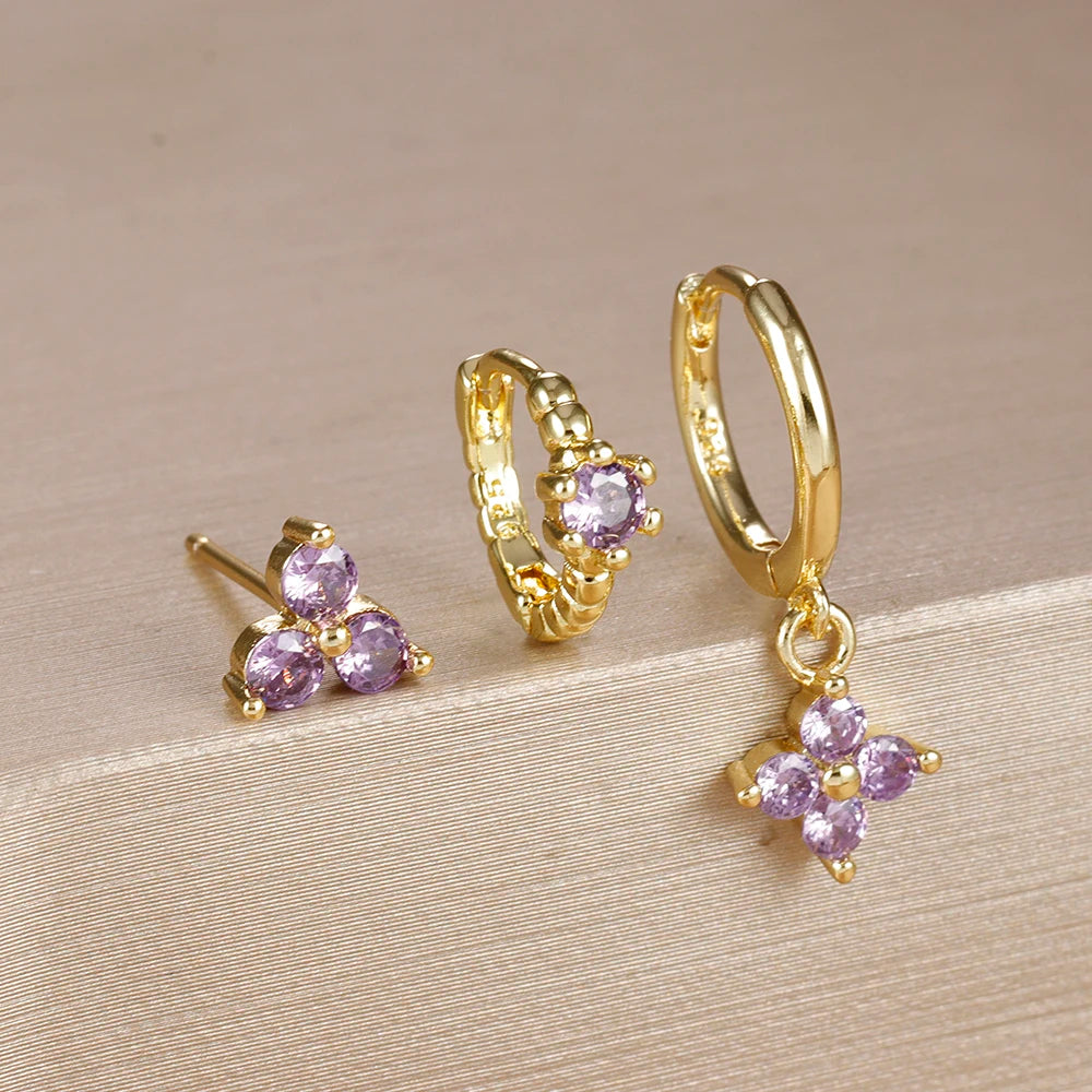 3PCS Gold Plated Chain Zircon Hanging Earrings Stainless Steel Flower