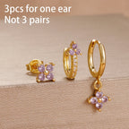 3PCS Purple Zircon Hoop Earrings for Women Stainless Steel Gold Pendant