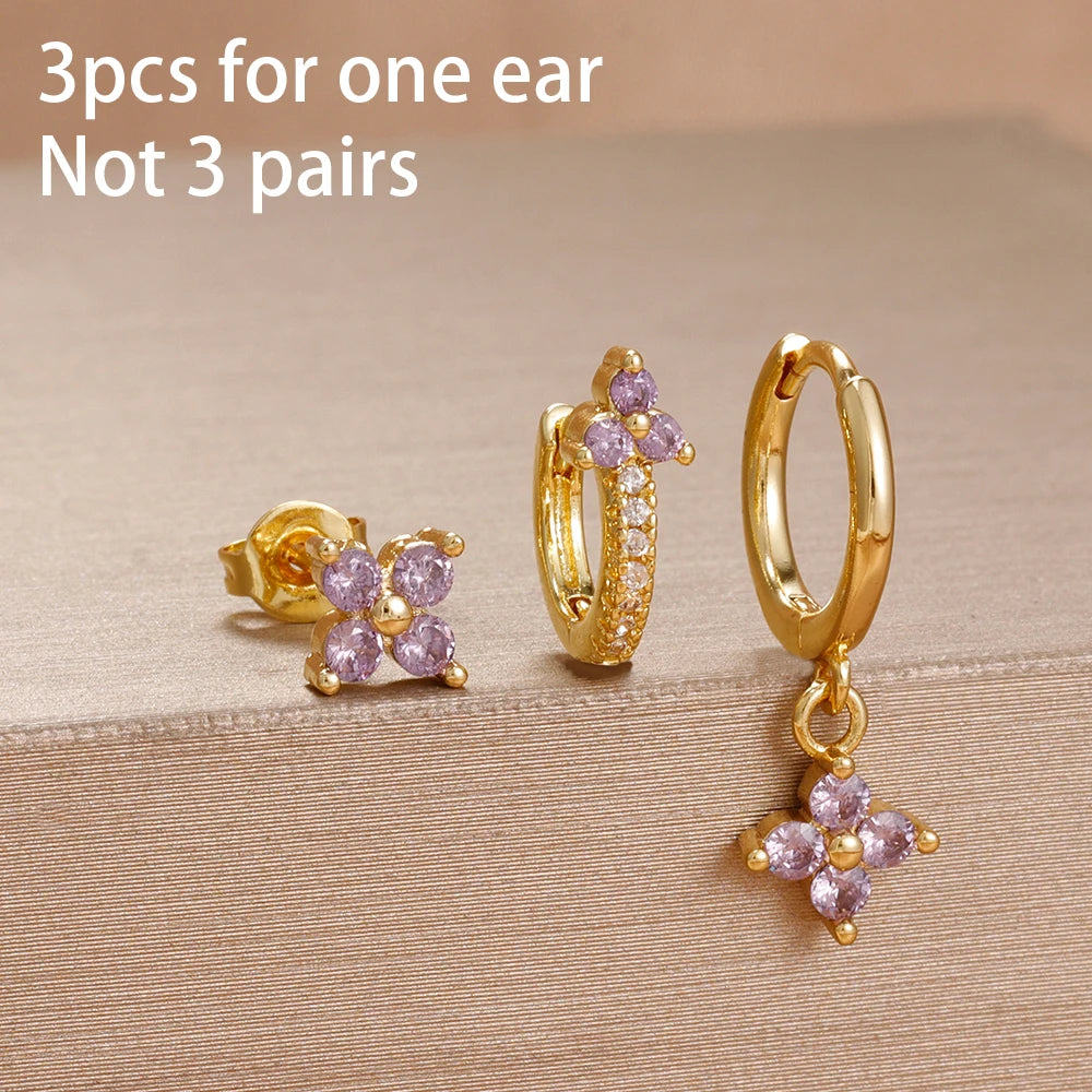 3PCS Purple Zircon Hoop Earrings for Women Stainless Steel Gold Pendant