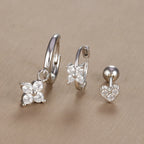 3PCS Vintage Design Four Flower Zircon Hoop Earrings Set Steel