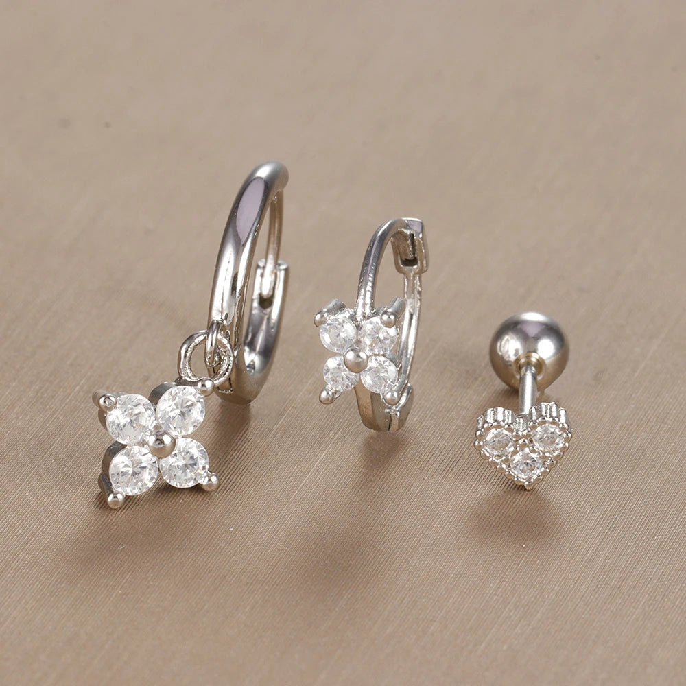 3PCS Vintage Design Four Flower Zircon Hoop Earrings Set Steel