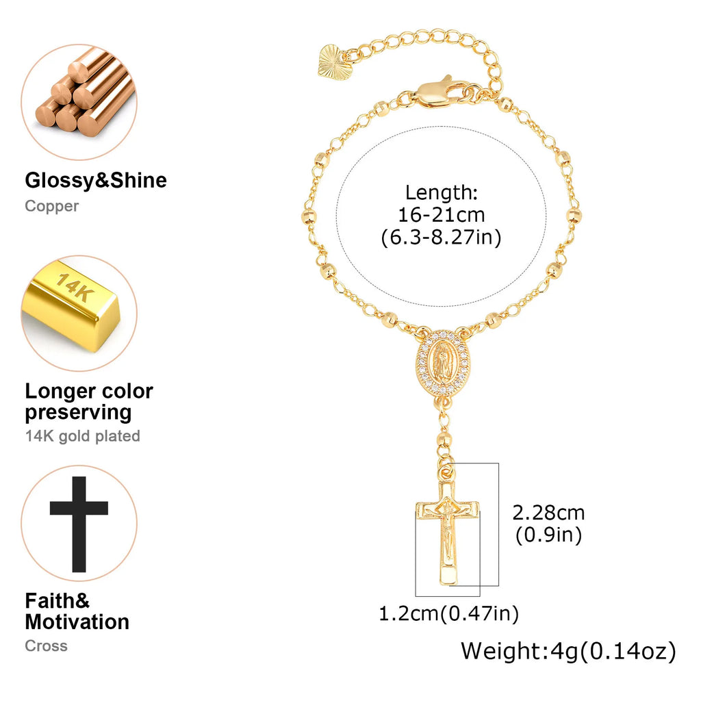 Catholic Cubic Zirconia Rosary Cross Beaded Link Bracelets, Oval Jesus Coss Jewelry, Religion Gold Plated Bracelet