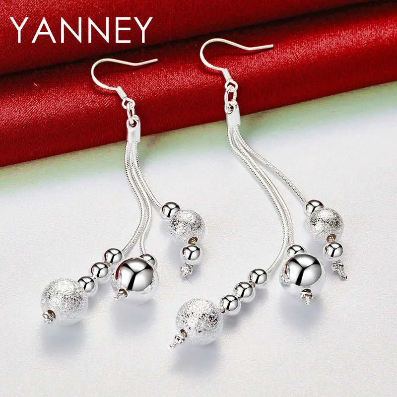 925 Sterling Silver 95mm Long Tassel Beads Earrings Women Fashion Wedding