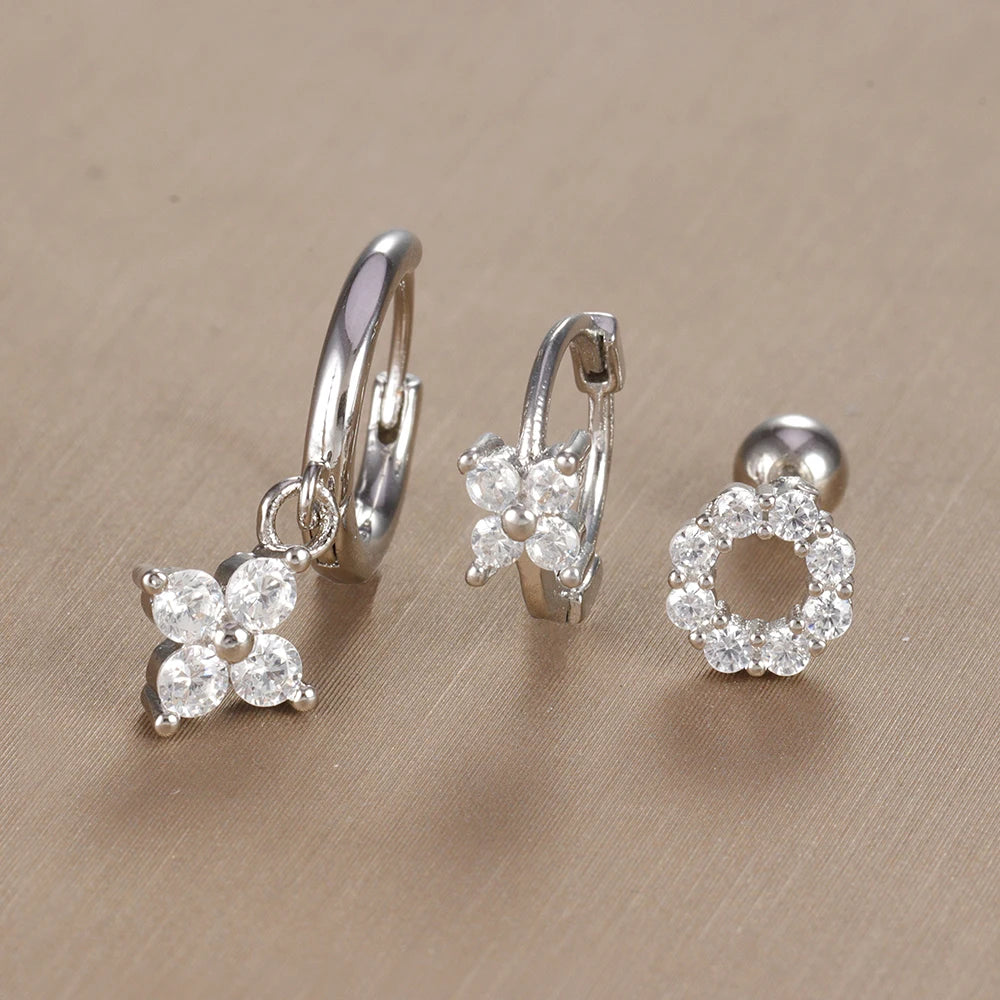 3PCS Vintage Design Four Flower Zircon Hoop Earrings Set Steel