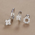 3PCS Vintage Design Four Flower Zircon Hoop Earrings Set Steel
