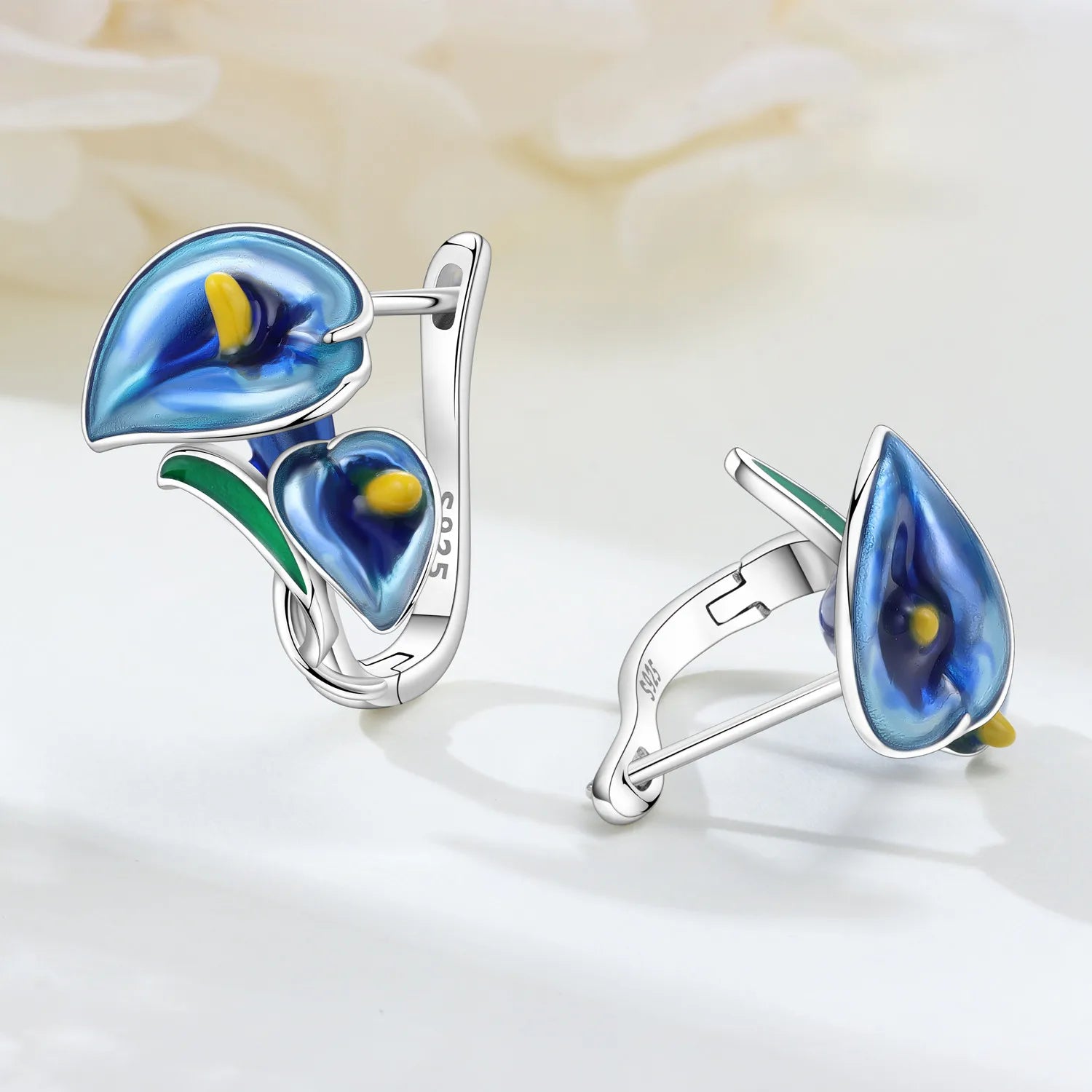 925 Sterling Silver Blue Horseshoe Lotus Ear Studs Hoop Earrings Trendy Gift