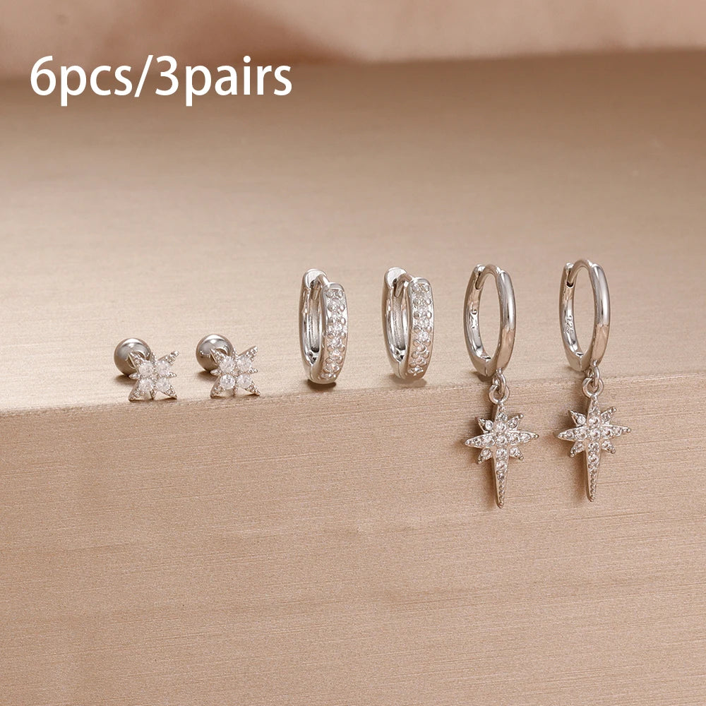 6PCS Exquisite Zircon Geometric Circle Earrings Set Gold Colour Steel
