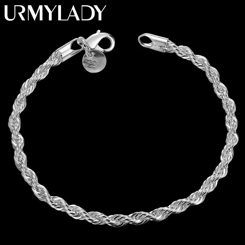 4mm Twisted Rope Chain Bracelet 925 Sterling Silver Men Women Christmas Gift