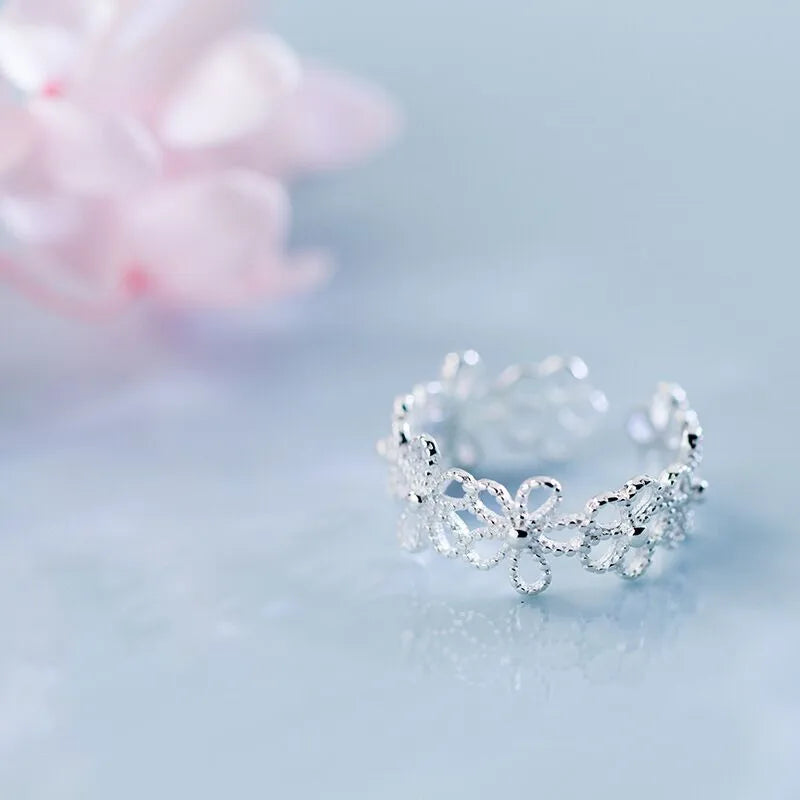 925 Sterling Silver Hollow Flower Adjustable Ring Engagement Ladies Vintage Luxury Jewellery