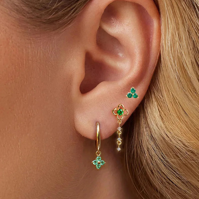 3PCS Green Zircon Flower Hoop Earrings Set Stainless Steel Luxury