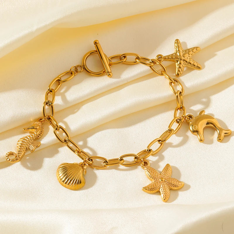 Golden Sun Moon Starfish Stainless Steel Bracelet Handmade Wrist Chain