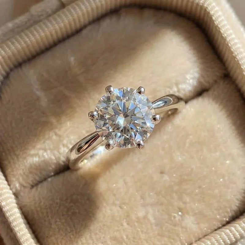 925 Sterling Silver Six Claw Cubic Zirconia Wedding Ring Simple Elegant Engagement Proposal Gift