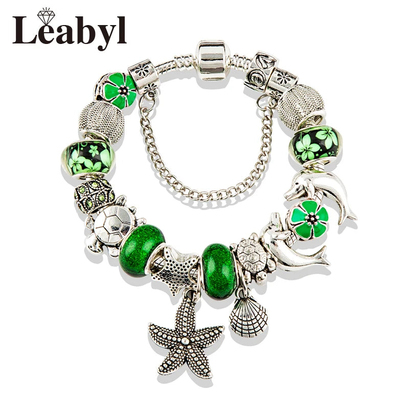 Classic Dolphin Charm Bracelet Blue Murano Crystal Glass DIY Bead Bangle