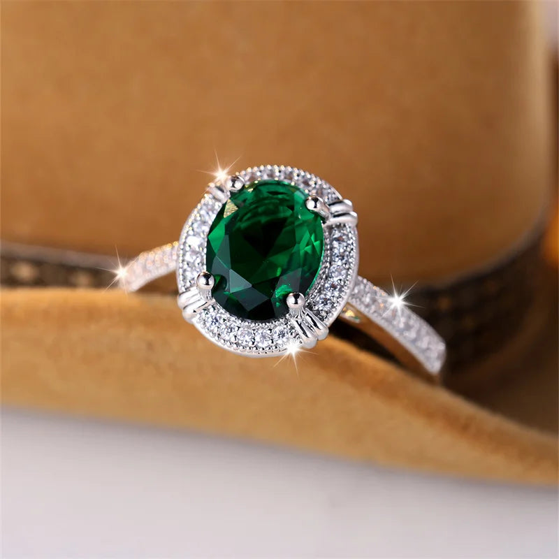Classic Oval Green Stone Wedding Bands Silver Color Female Egg Shaped Zircon Vintage Promise Engagement Rings For Women Jewelry